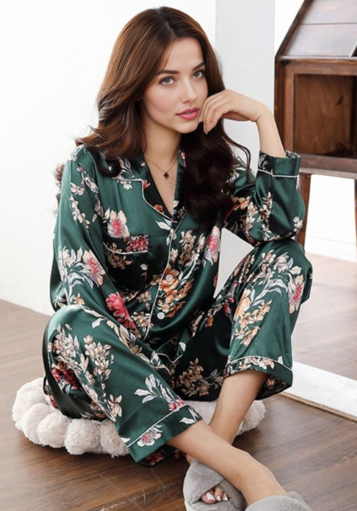 Pyjama Satin Fleuri Femme