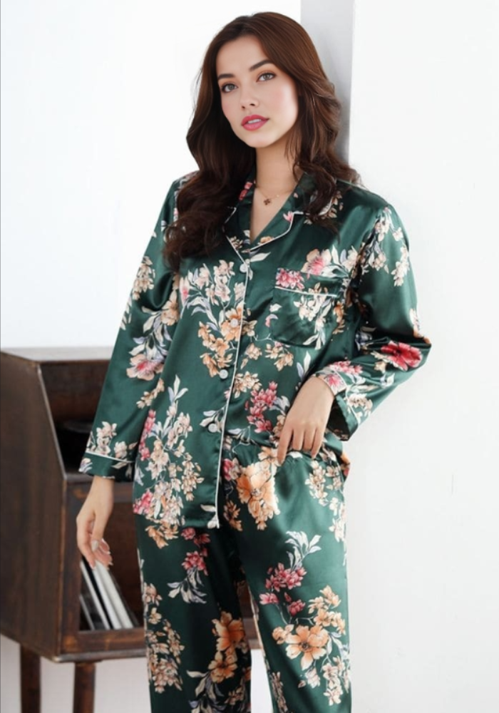 Pyjama Satin Fleuri Femme