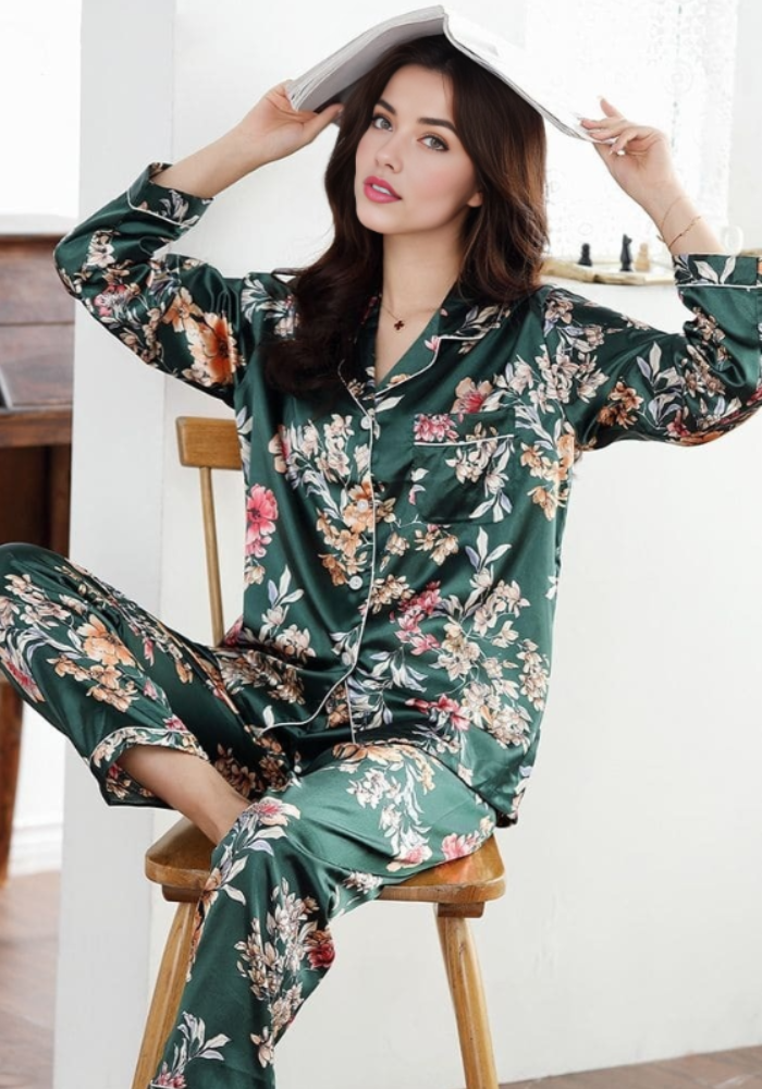 Pyjama Satin Fleuri Femme pas cher