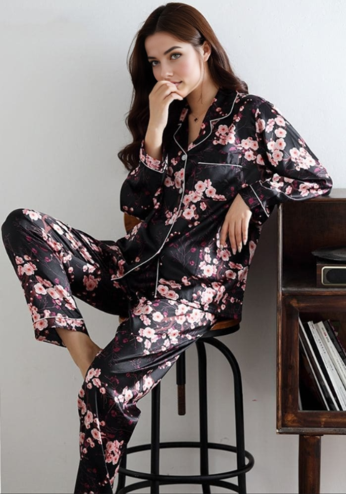 Pyjama Satin Fleurs Femme