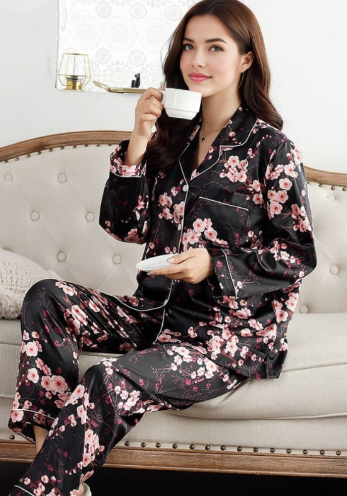 Pyjama Satin Fleurs Femme