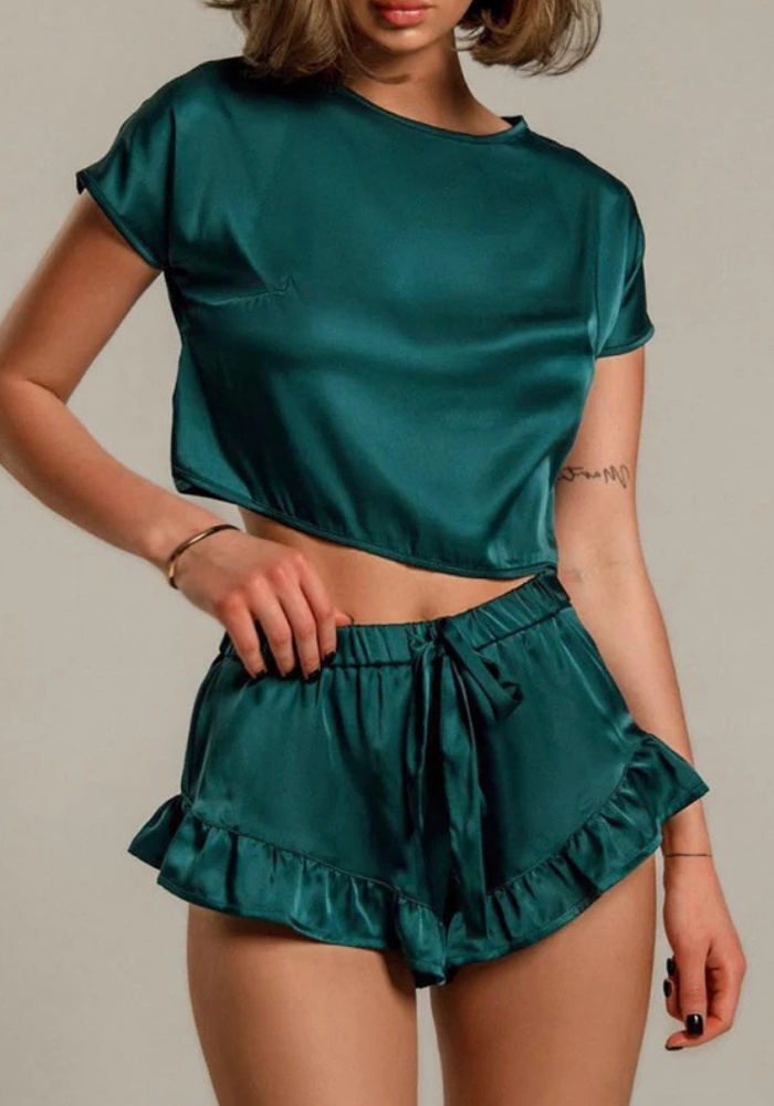 Pyjama Short Satin Vert Femme pas cher