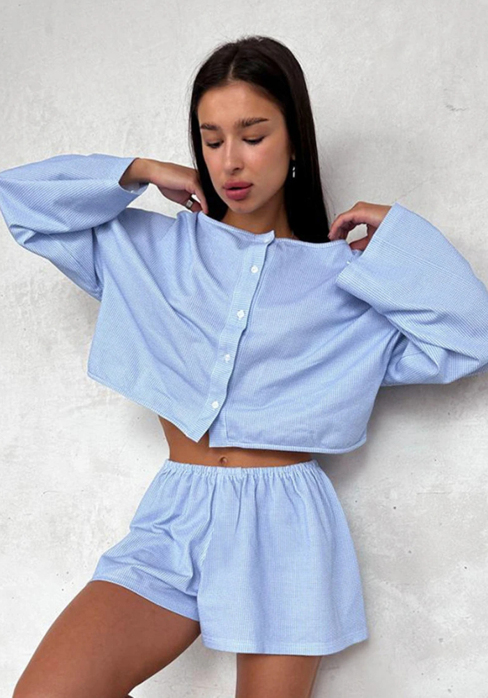 Pyjama Short Coton Bleu Femme