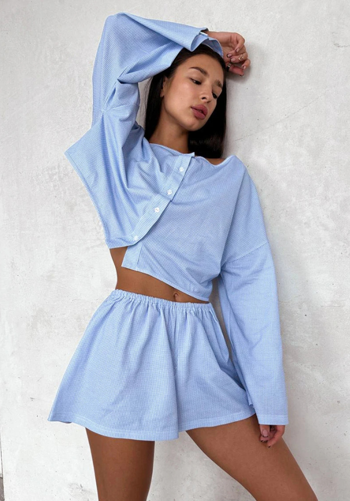 Pyjama Short Coton Bleu Femme