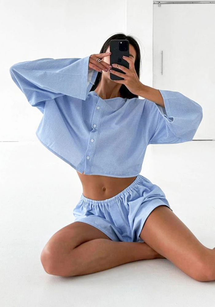 Pyjama Short Coton Bleu Femme pas cher