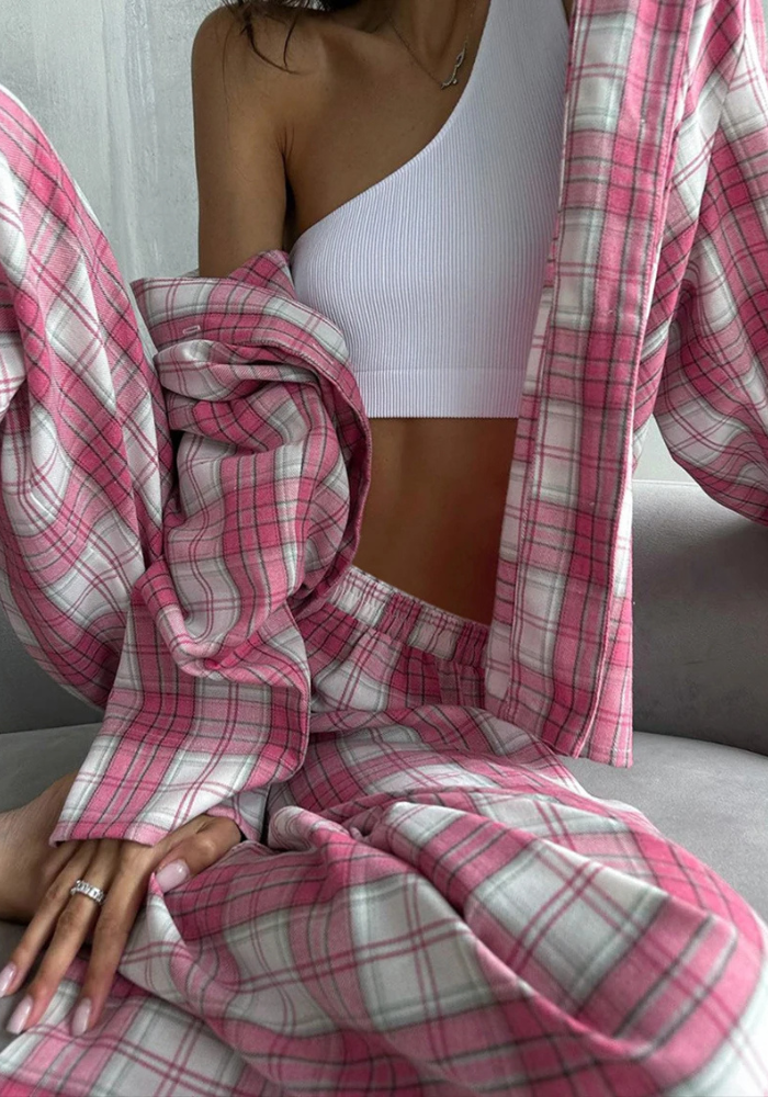 Pyjama Pantalon Carreaux Rose Femme pas cher