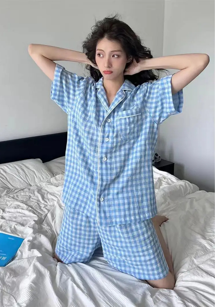 Pyjama Short Carreaux Bleu Femme