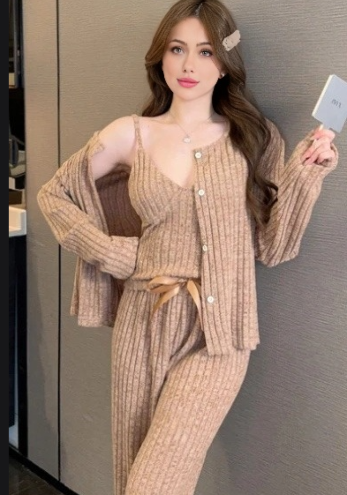 Pyjama 3 Pièces Beige Femme