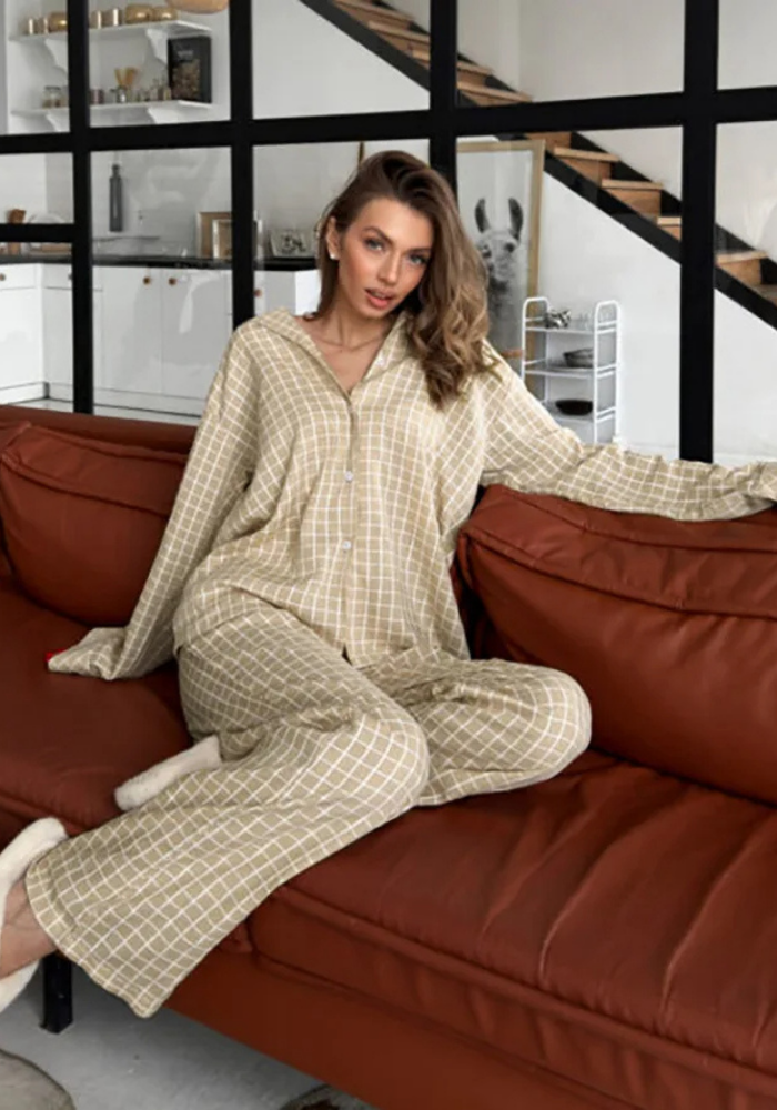 Pyjama Carreaux Beige Femme pas cher