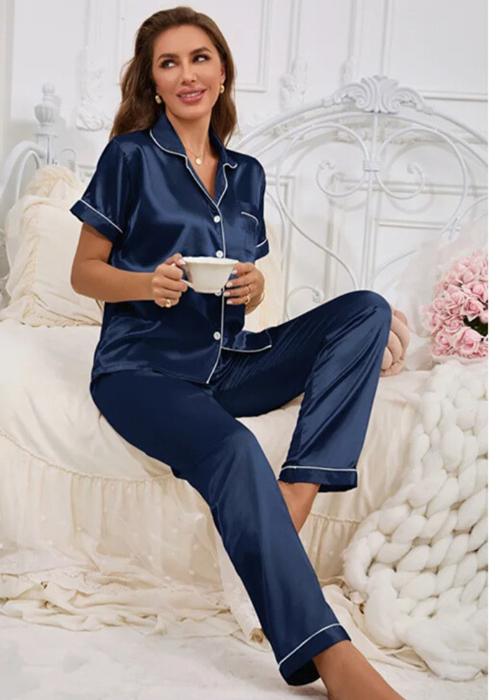 Pyjama Satin Bleu Marine Femme