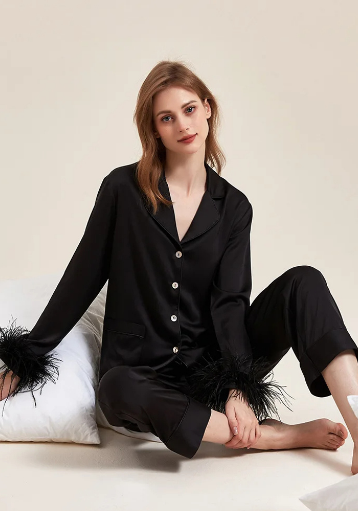 Pyjama Satin Noir Femme pas cher