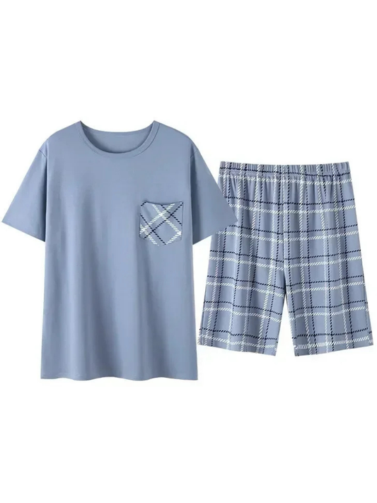 Pyjama Short Homme Bleu à Carreaux