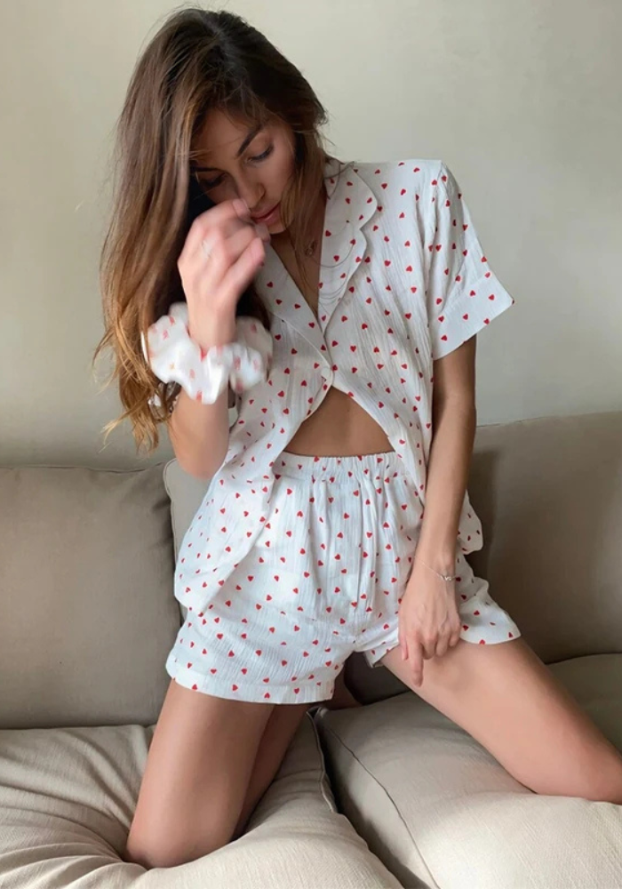 Pyjama Short Chemise Cœur Femme rouge