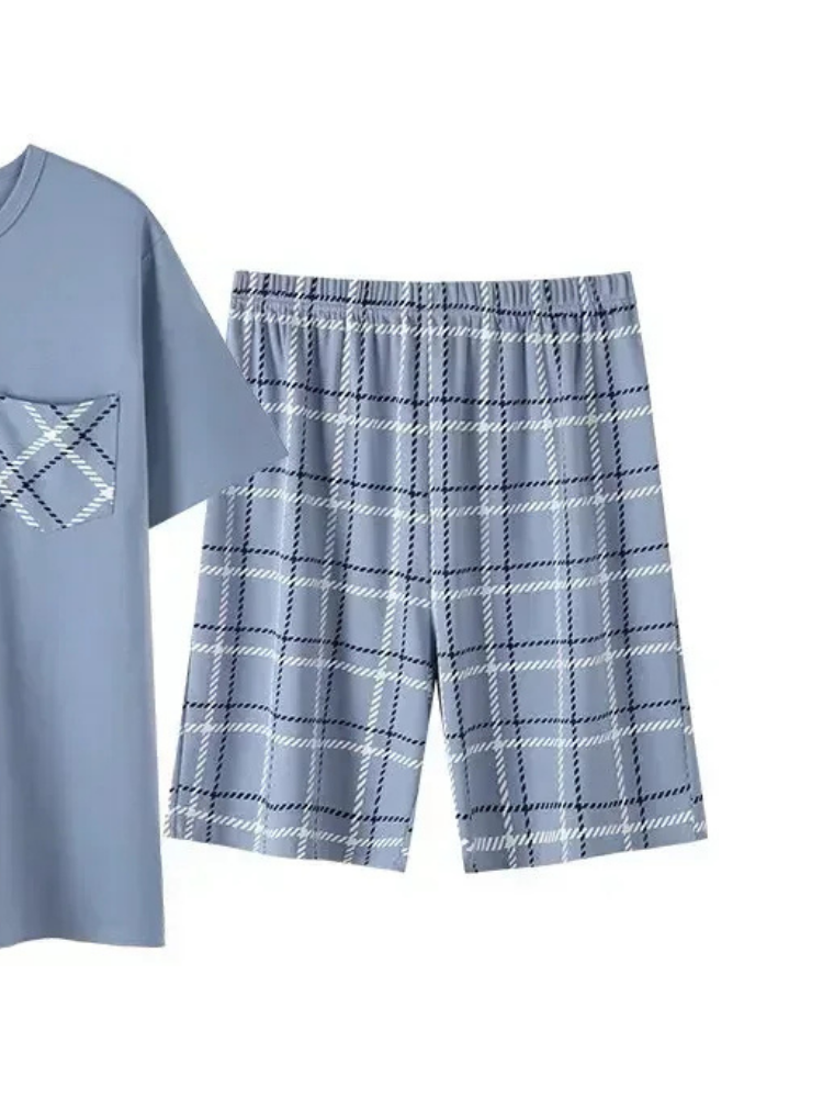 Pyjama Short Bleu à Carreaux