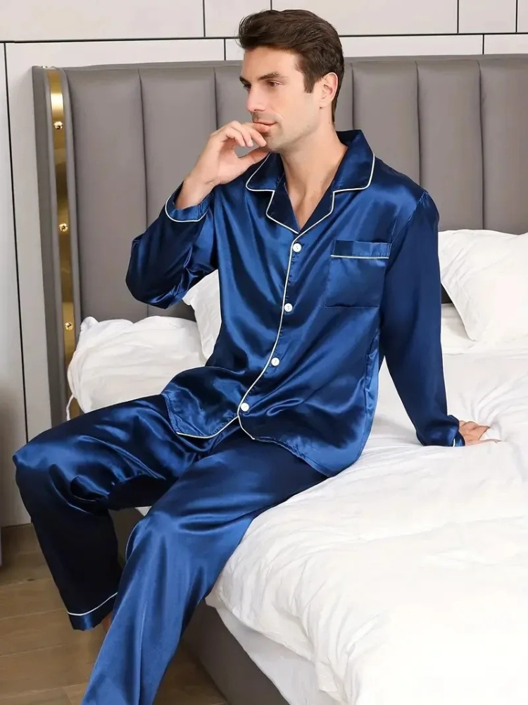 Pyjama Satin Homme Bleu